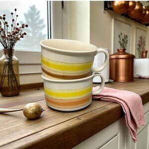 Vintage Striped Yellow and Tan Stoneware Soup Bowl Mug X 2